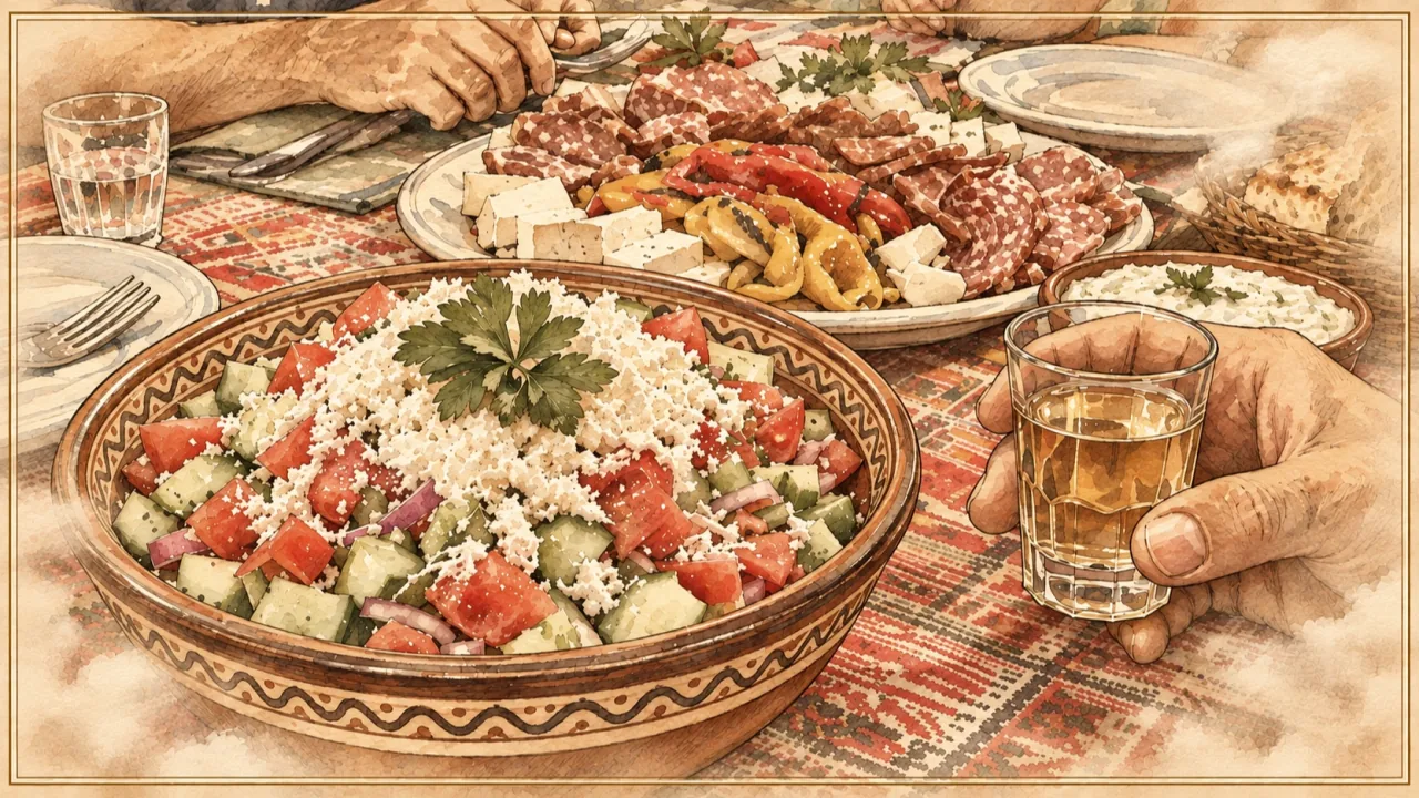 Българска трапеза с шопска салата, мезе и ракия