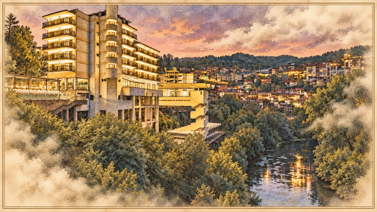 Хотел край реката и старият град по здрач